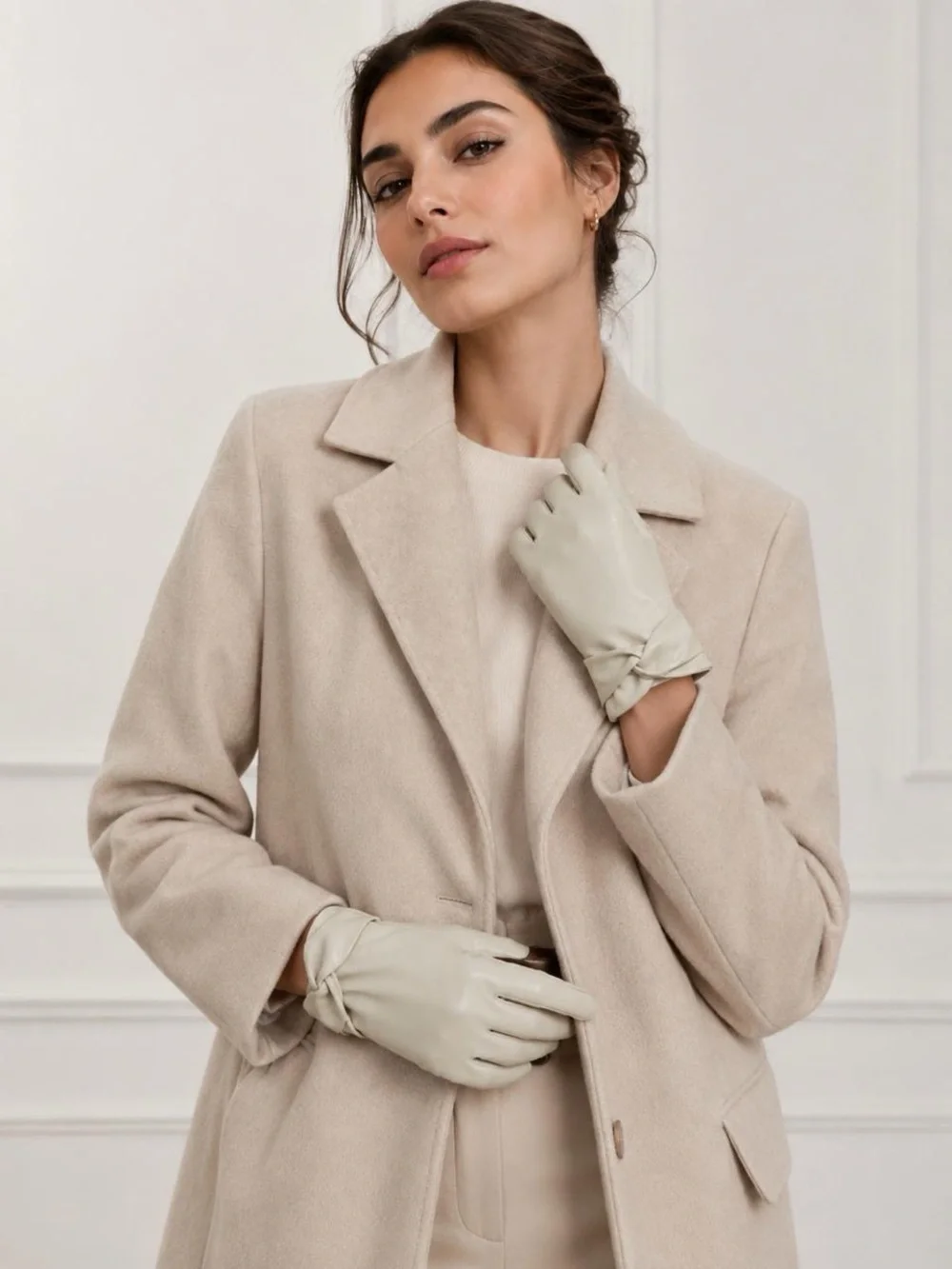 Sasso + Smyth Women Tech Touch Leather Gloves Ivory Bow Detail Size L NWT